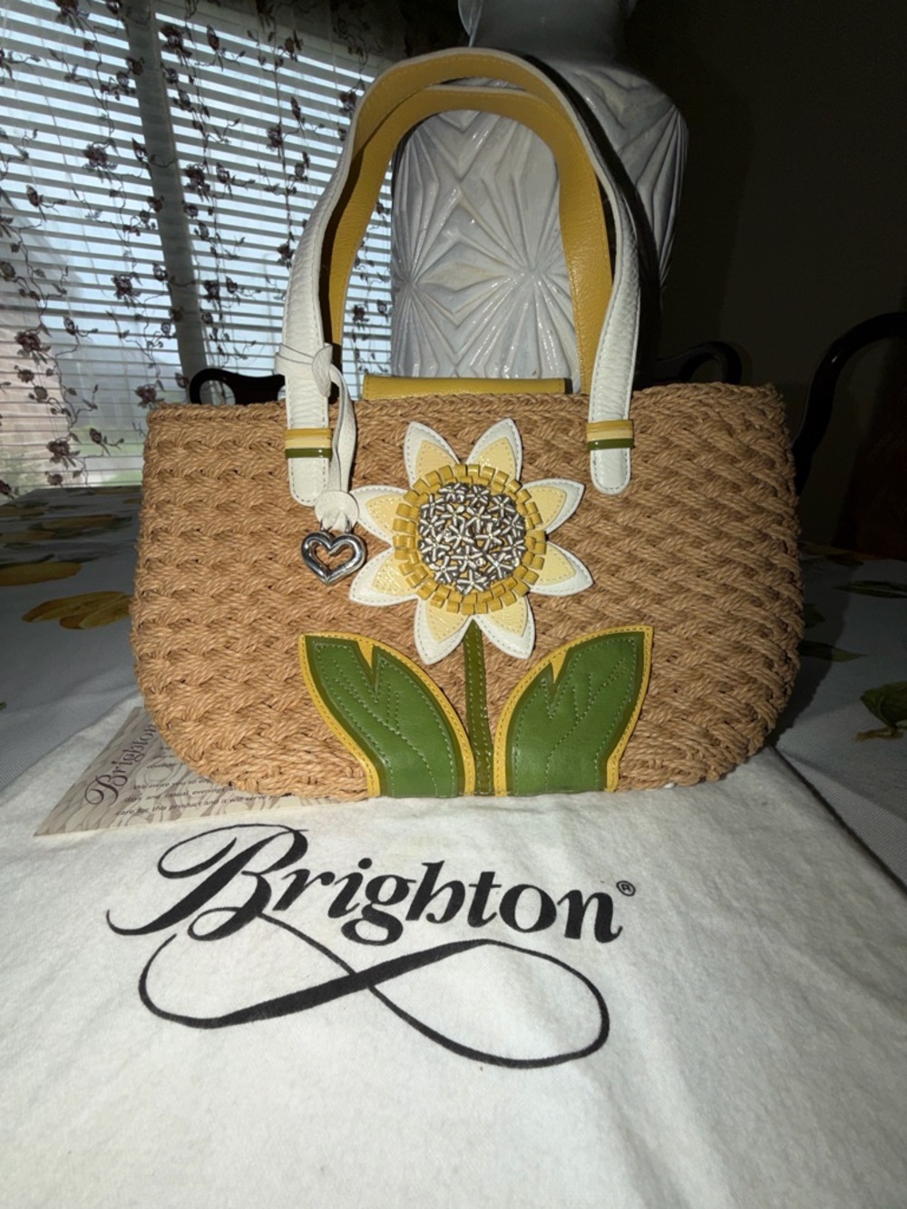 Brighton Straw Tote with Yellow Sunflower and Green Leaves
